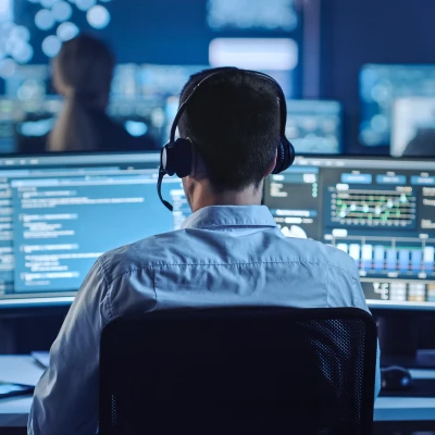 Ein Mann mit Kopfhörern sitzt vor einem computer und führ ein Beratungsgespräch