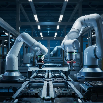 Eine Fabrik mit vielen Roboterarmen , die an einem Förderband arbeiten