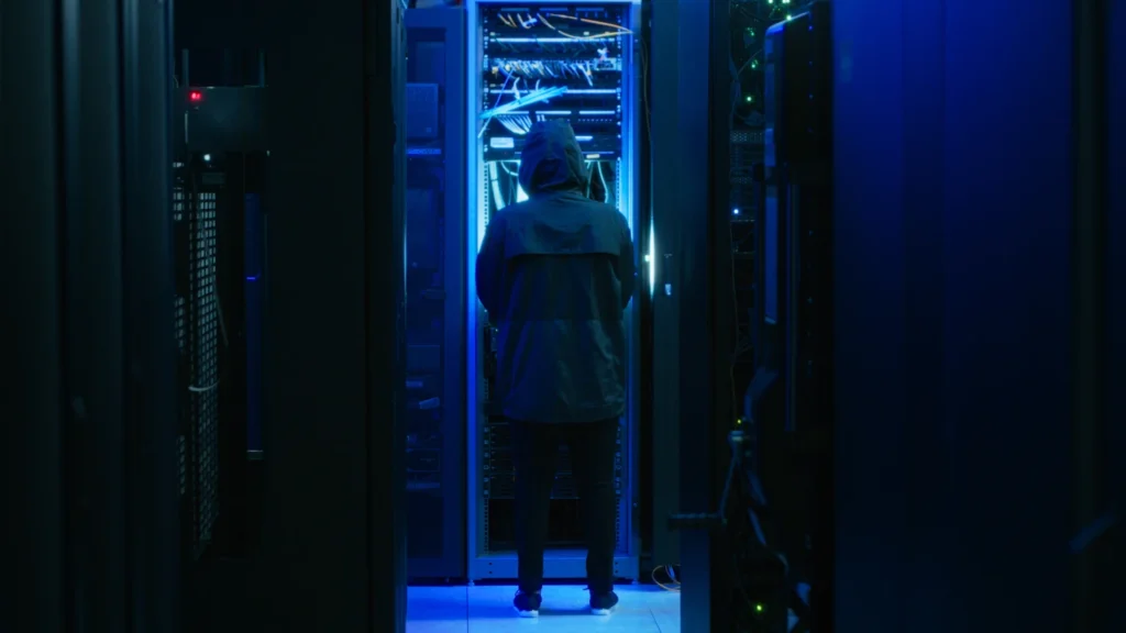 Ein mann steht in einem serverraum mit blauem licht