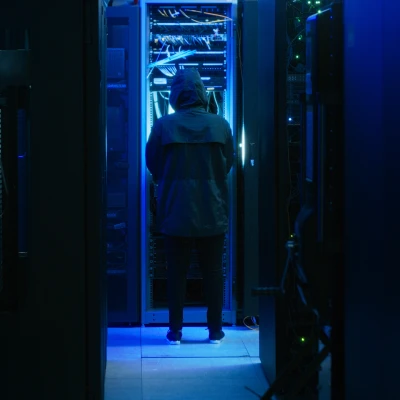 Ein mann steht in einem serverraum mit blauem licht