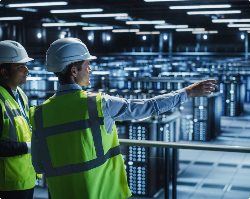 Ein Mann zeigt auf einen Serverraum , während ein anderer ihn betrachtet