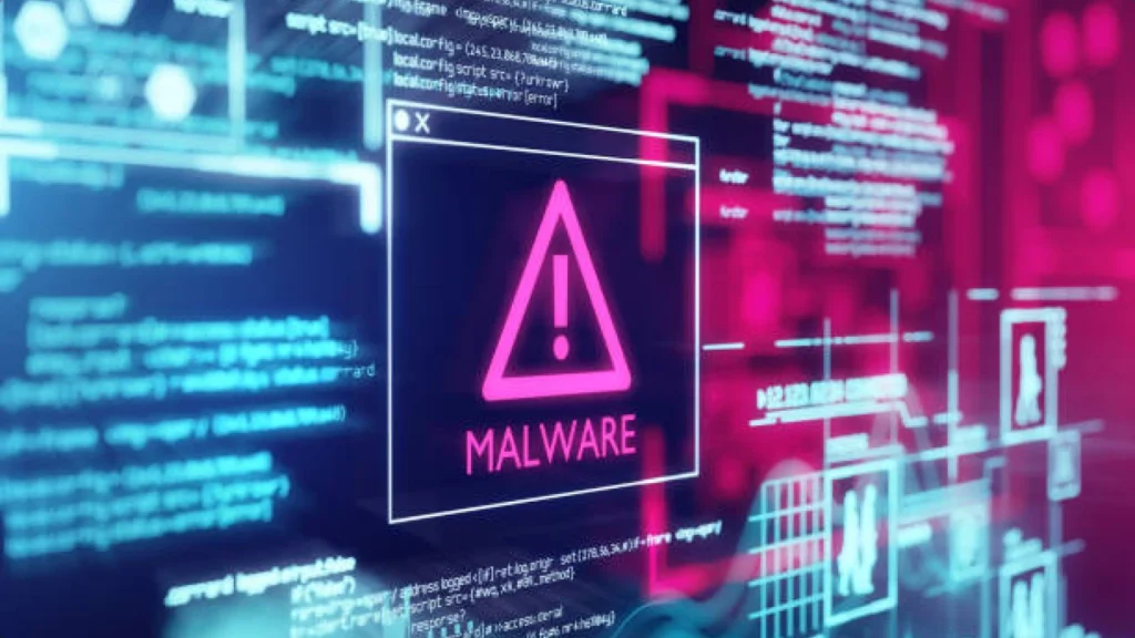 Ein Computerbildschirm mit einem Dreieck und dem Wort malware darauf